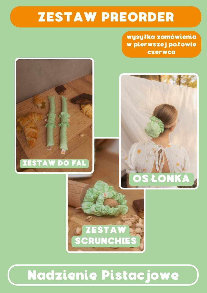 PREORDER: ZESTAW Osłonka + Zestaw do fal + Zestaw Scrunchies (S+M) Nadzienie Pistacjowe
